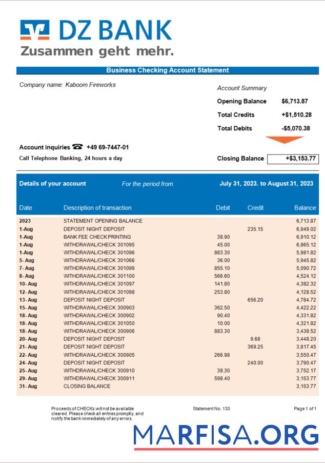 Realistic DZ Bank organization statement Word and PDF template